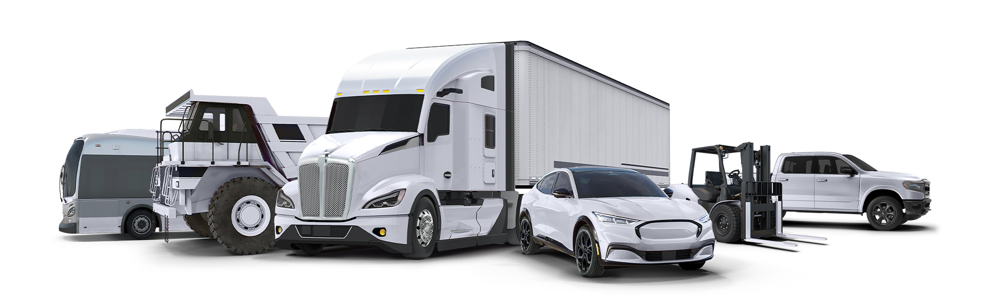 White Vehicle Lineup including bus, dump truck, semi truck, SUV, forklift, and truck