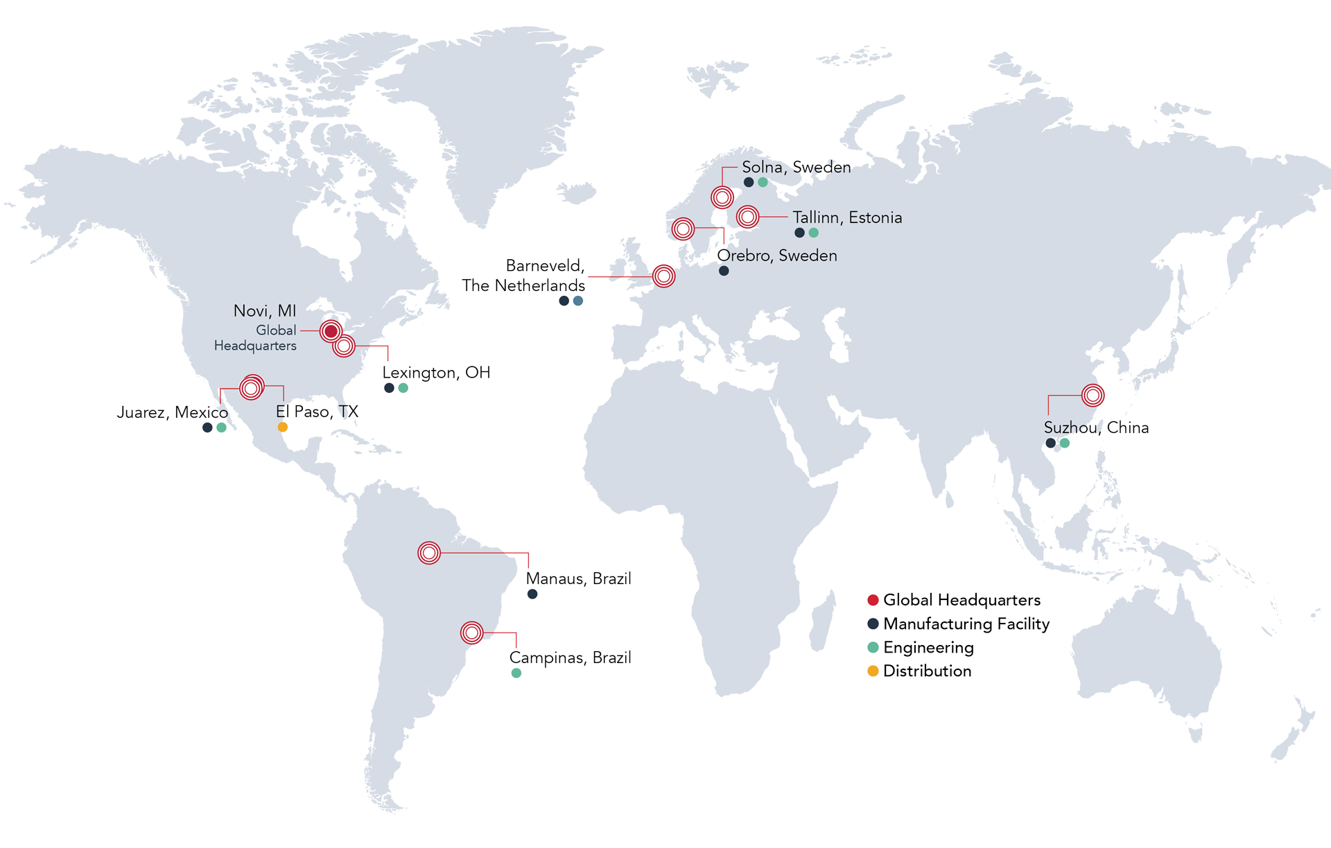 Global Location Map showing points for Headquarters, Manufacturing Facility, Engineering, and Distribution