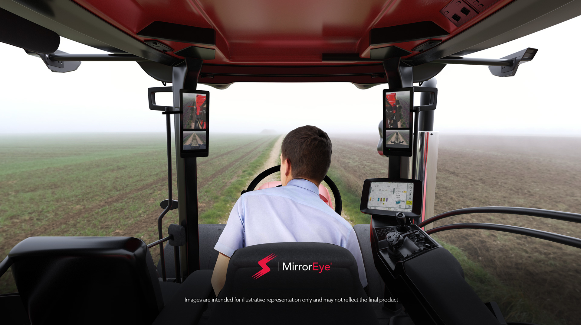View from behind the driver of a tractor in a field