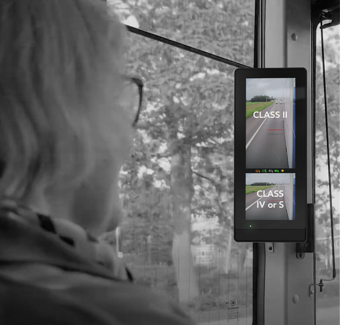 Black and white image of MirrorEye monitors in-cab